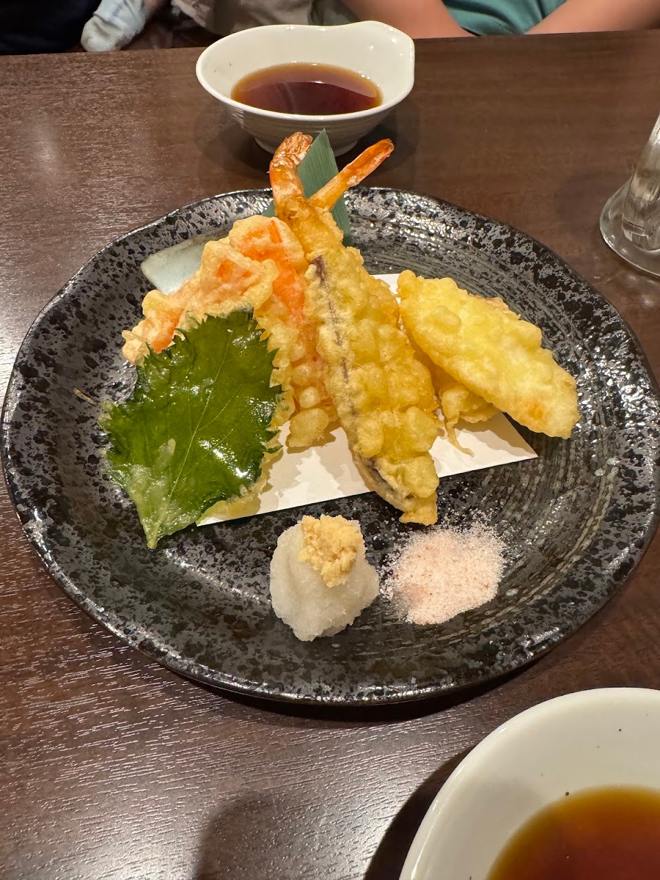 Tempura with ginger and sea salt. Notice the sisho leaf on the left.