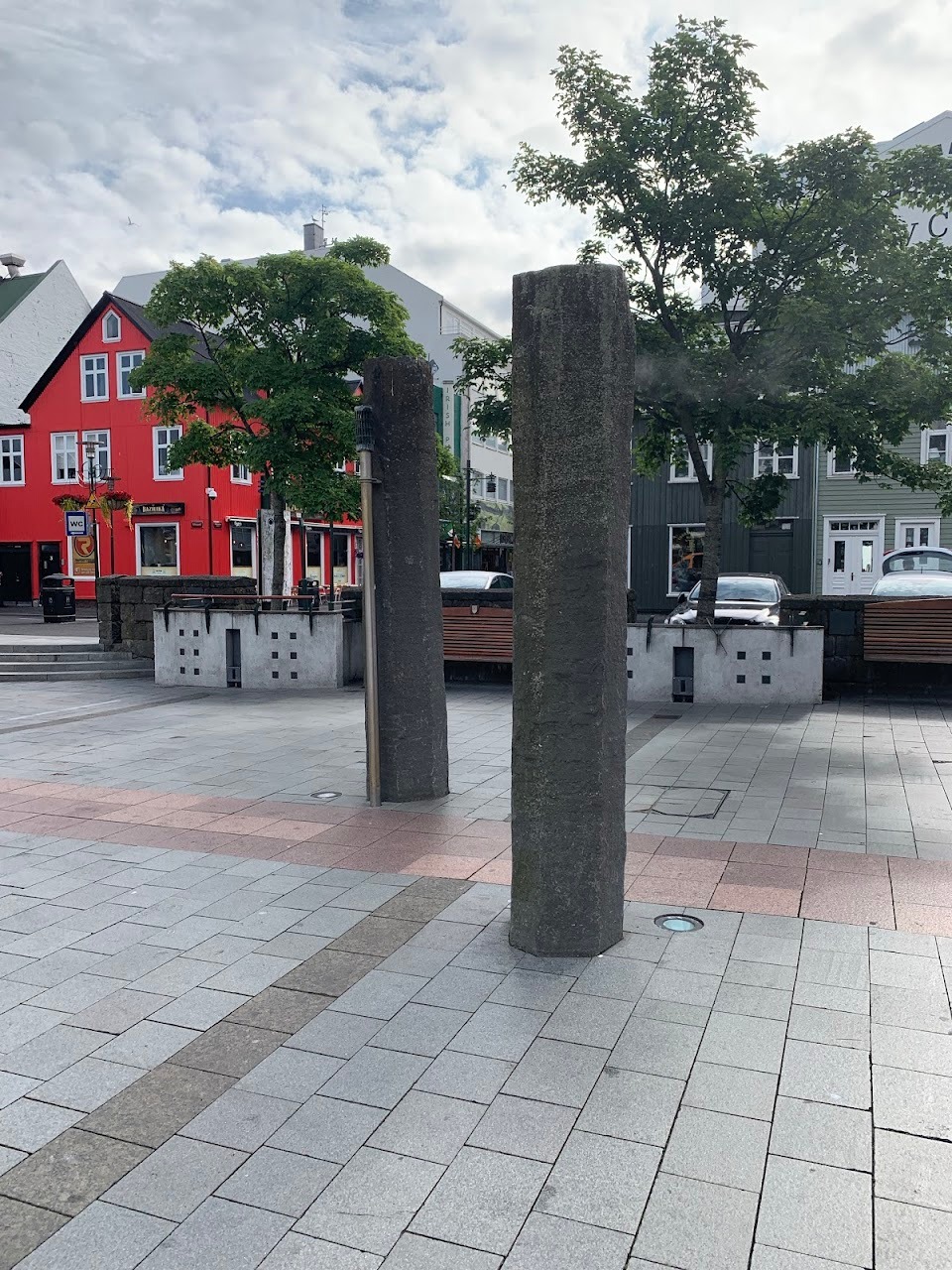 These are the two stone pillars that represent the wooden pillars thrown onshore by Ingolfur Arnason in 871 AD. This is