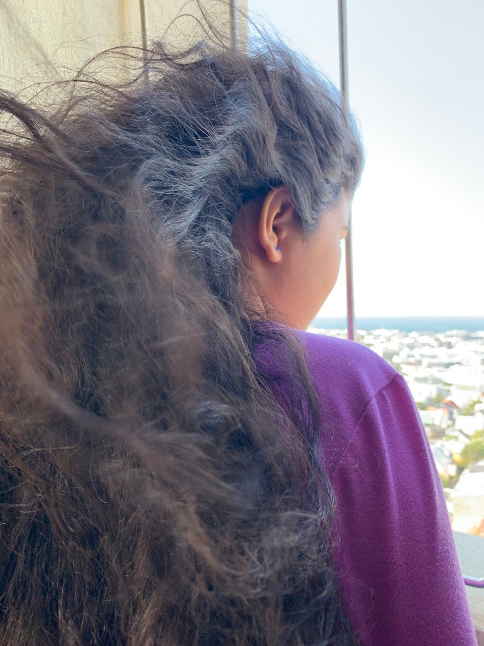 Fortunately, an elevator goes most of the way to the top of the church. You can see how windy it was by the way Anna’s h