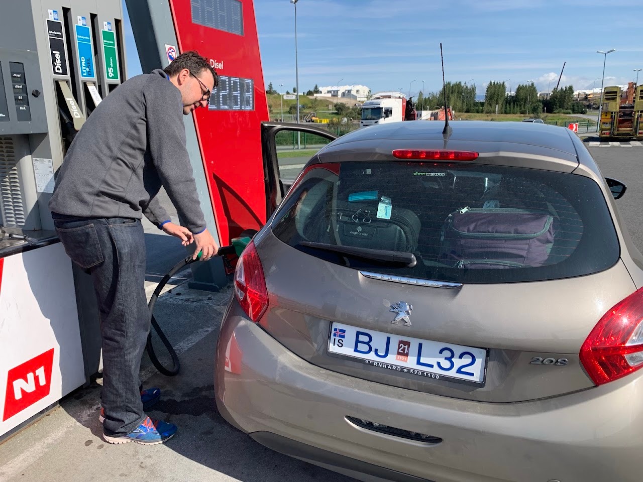 Fillin’ up the old Peugeot. It treated us well yesterday and made it through gravel roads and roaming sheep. Of course,