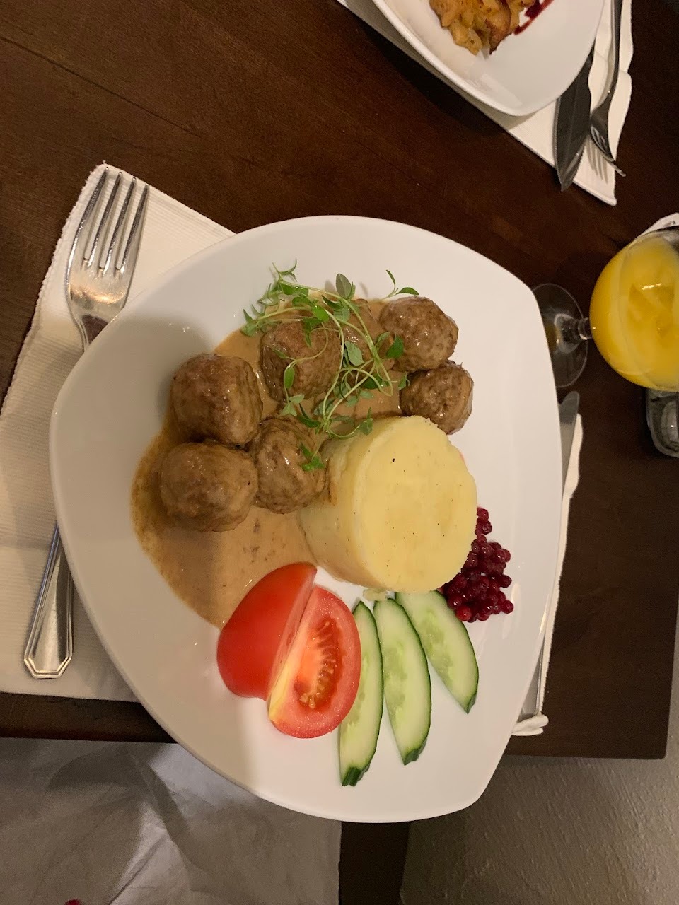 We went out to dinner at a restaurant serving traditional Swedish food. Anna had meatballs with potatoes and Lingonberri